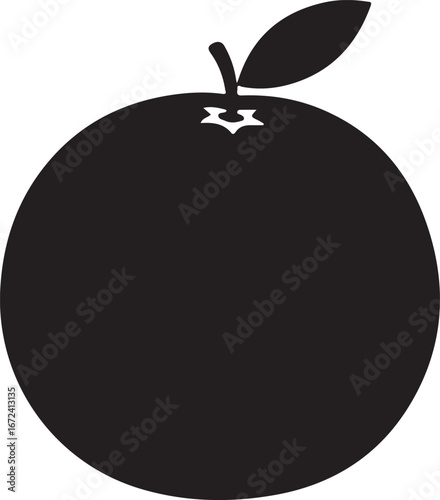 Black Silhouette of an Orange Fruit with a Leaf citrus food