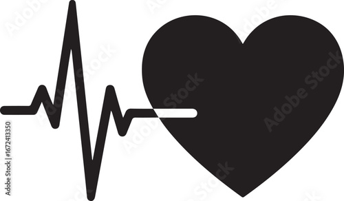 Black Silhouette of Heartbeat Line and Heart Symbol on White Background electrocardiogram
