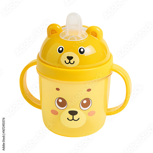 Yellow Bear-Shaped Sippy Cup with Handles for Baby isolated on transparent background