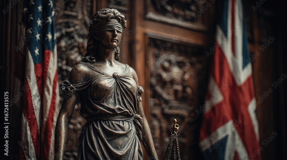 Naklejka premium Justice statue between two flags inside high court symbolizes neutrality, fairness, international law ethics, governance, structure, accountability, compliance, truth, civil protection