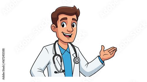 Friendly Medical Professional: A friendly doctor in a medical setting, presenting and inviting the viewer. The doctor stands with welcoming energy.
