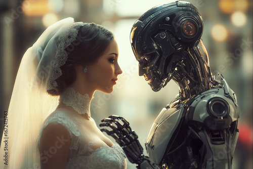 Human female marrying artificial intelligence robot 