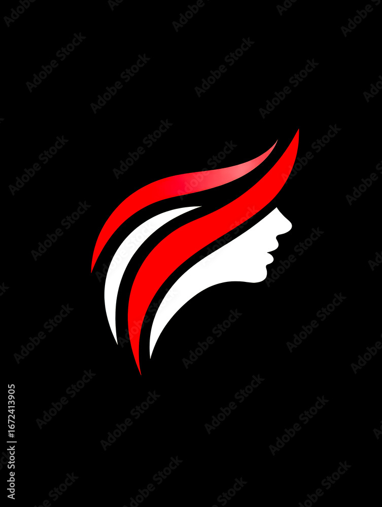 Obraz premium Abstract graphic icon of a woman's profile with stylized red and white hair on a solid black background.
