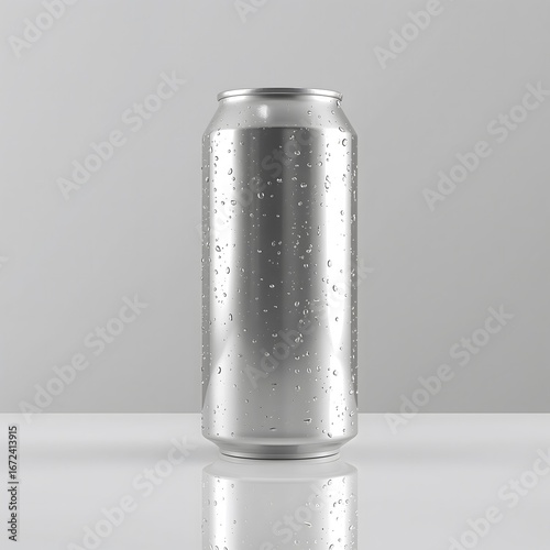 Cold aluminum beverage can with condensation on reflective surface mockup