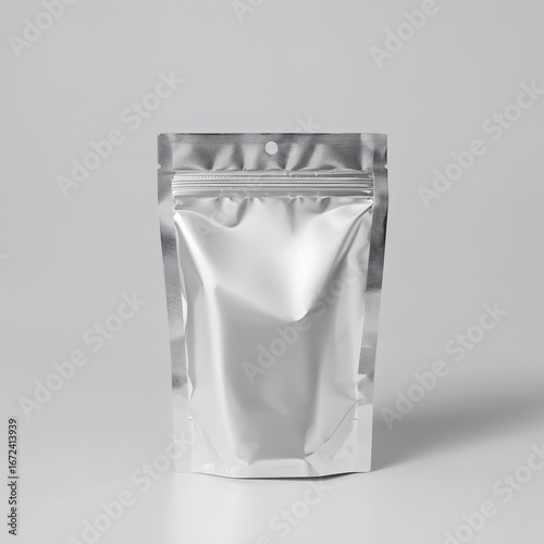 Silver mylar stand-up zipper pouch with hang hole mockup
