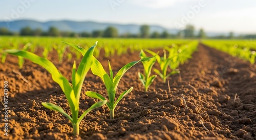Young corn plants growing in a field at sunrise