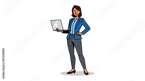 Empowered Professional: An elegant businesswoman radiates confidence as she holds a laptop. The image showcases her poised stance and modern attire.