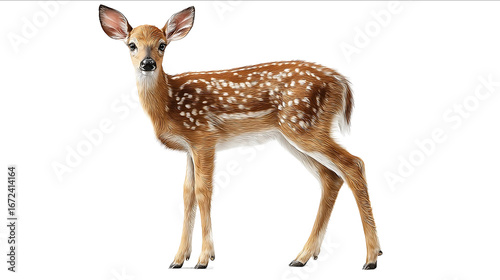 A whitetailed deer fawn standing on a white background photorealistic in style