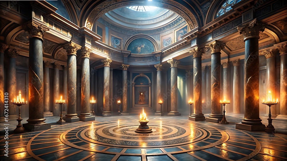 Obraz premium Majestic temple interior with golden columns and intricate design elements