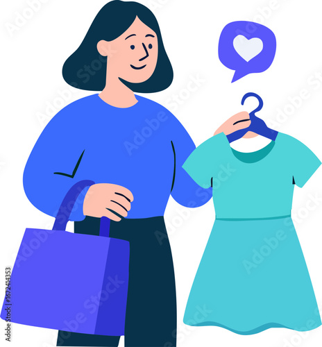 This illustration shows a smiling woman holding a turquoise dress on a hanger with a shopping bag in her other hand, while a heart-shaped speech bubble appears above the dress, symbolizing love for sh