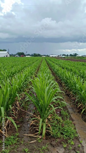 Lush green rows of sugarcane plants
