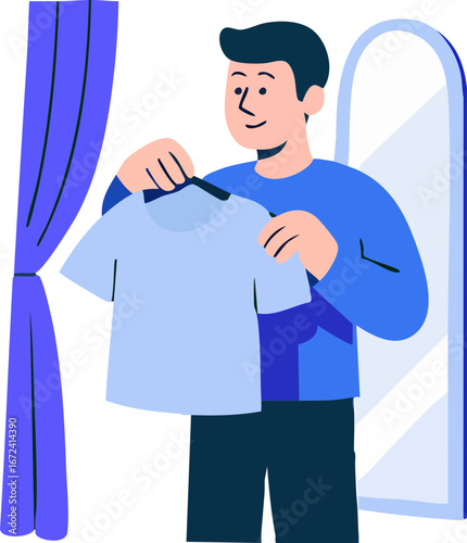 This illustration shows a man standing by a mirror and curtain, holding a light blue t-shirt on a hanger while smiling as if considering trying it on.