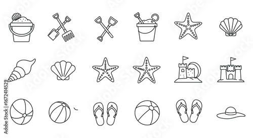 Beach icons and symbols for summer vacation and coastal activities