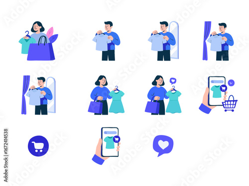 This illustration sheet features various flat-style shopping and e-commerce icons, including people holding clothes, shopping bags, fitting room scenes, mobile shopping apps, carts, and heart icons.