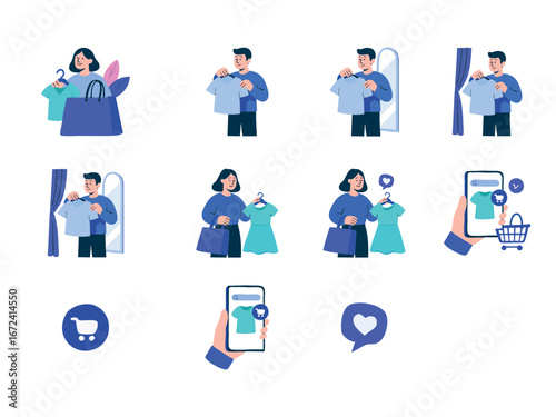 This illustration sheet features various flat-style shopping and e-commerce icons, including people holding clothes, shopping bags, fitting room scenes, mobile shopping apps, carts, and heart icons.