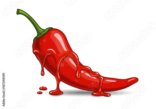 Cartoon Red Chili Pepper with Dripping Sauce Illustration.