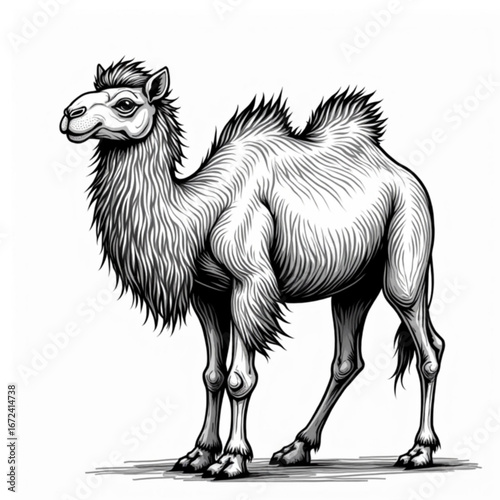 Desert Explorer: A meticulously detailed illustration of a majestic camel, showcasing intricate line work and the strength and endurance of a desert dweller.