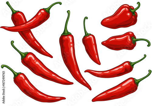 Vibrant Red Chili Peppers with Green Stems Illustration.