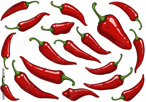 Vibrant Red Chili Peppers Pattern with Green Stems and Glossy Texture.