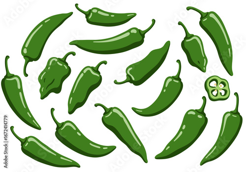 Green Jalapeno Peppers Illustration with Cross Section.