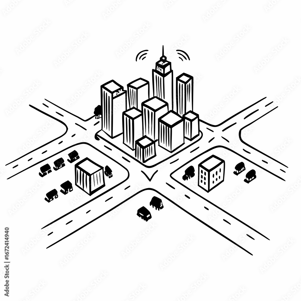 Obraz premium Abstract urban design vector illustration with buildings, streets, and homes