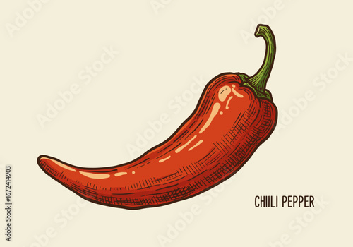 Hand-Drawn Red Chili Pepper Illustration with Hatching Detail.