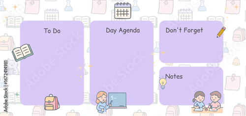 This image is a cute pastel daily agenda template with four sections labeled 