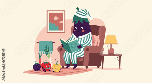 Animated Eggplant Reading In Bed With Nearby Vegetables Resting Peacefully Overnight