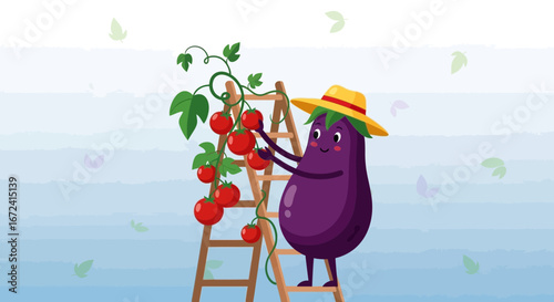 Animated Eggplant Harvests Red Tomatoes from Climbing Ladder in Whimsical Garden