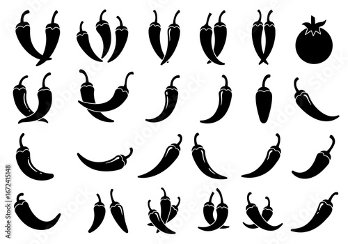 Black and White Chili Pepper and Tomato Vector Set.