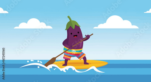 Animated Eggplant Surfs On Yellow Board Under Blue Sky and White Clouds