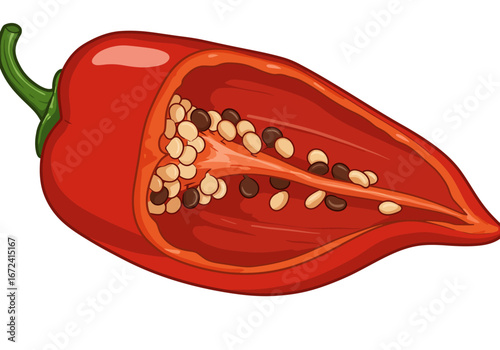Sliced Red Pepper with Seeds Illustration.