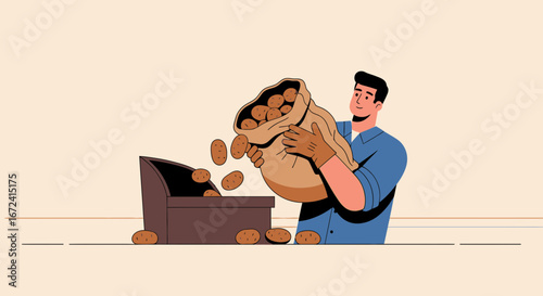 Animated Farmer Pouring Potatoes Into Bin Depicting Harvesting And Agriculture