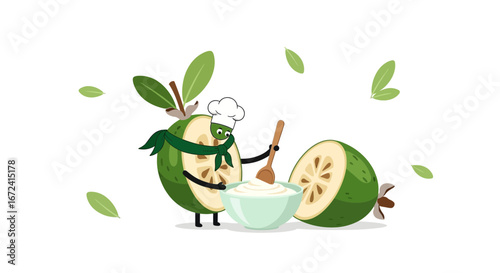 Animated Feijoa Chef Preparing Creamy Dessert Recipe With Fresh Ingredients Illustration