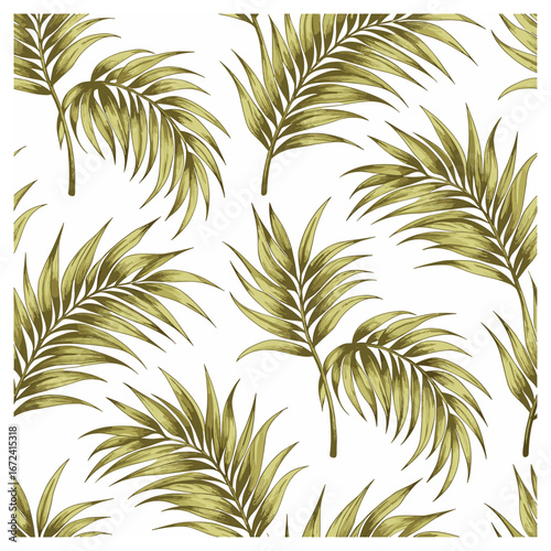 This seamless pattern features elegant olive-toned palm fronds against a clean white background, creating a fresh and minimalistic tropical design. The natural, hand-drawn style adds a sophisticated 