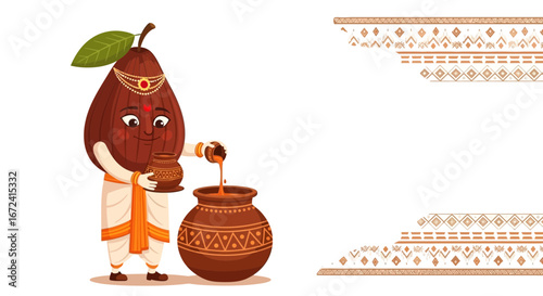 Animated Fruit Character Dressed In Traditional Attire Pouring Liquid Into A Pot