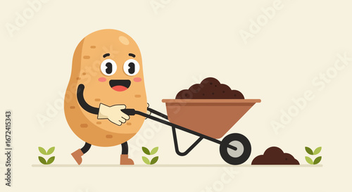 Animated Vegetable Person Pushing Wheelbarrow of Dark Soil, Garden Planting Illustration