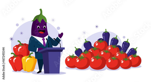 Animated Vegetable Politician Speaking About Fresh Tomato and Eggplant Abundance Visually