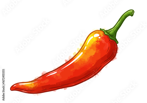 Watercolor Style Red Chili Pepper Illustration.
