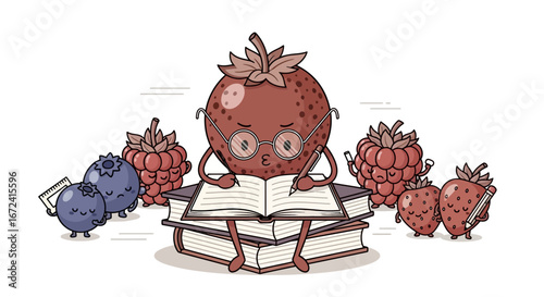 Animated Fruits Reading Books, Studying, and Learning in a Whimsical Creative Style