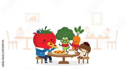 Animated Vegetables Sharing Pizza, Smiling, And Enjoying Fun Moments Together In Cafeteria