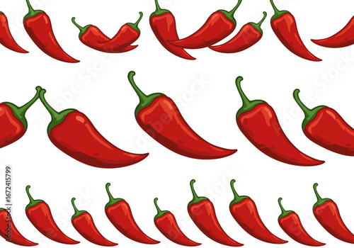 Rows of Vibrant Red Chili Peppers with Green Stems Pattern.