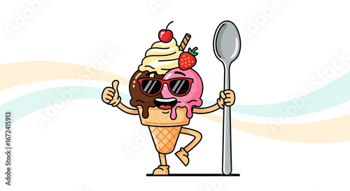 Animated Ice Cream Character with Sunglasses and Spoon Standing Ready to Serve a Treat