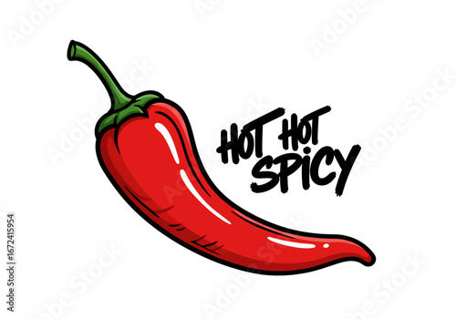 Cartoon Red Chili Pepper with Hot Hot Spicy Text.