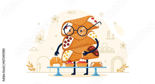 Animated Illustration Featuring Cannoli with Glasses and Various Baked Goods Arrangement