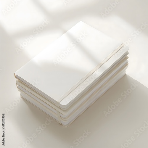 Stack of white notebooks with elastic bands in soft sunlight mockup