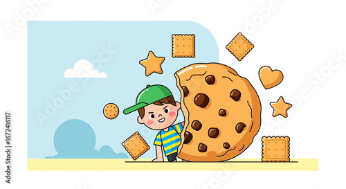 Animated Illustration Portraying a Playful Kid Enthusiastically Interacting With Giant Sweet Snacks