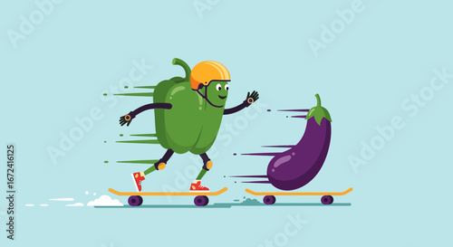 Animated Illustration Of Vegetables Enjoying Skateboarding Actions On A Beautiful Background
