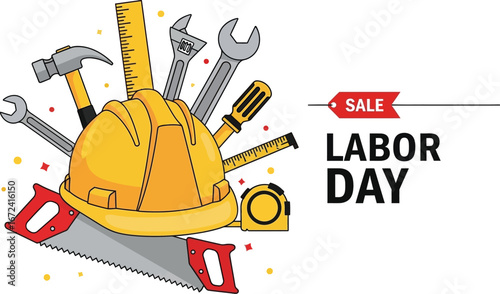 Labor Day Sale celebration banner with tools and a construction helmet design