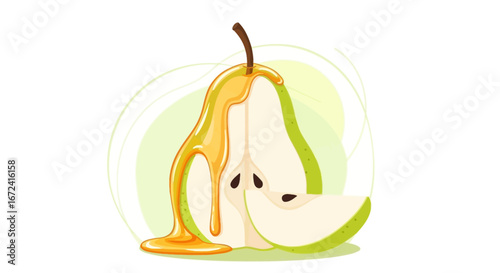 Appetizing Slice Of Pear Drizzled With Golden Syrup On A Whimsical Background